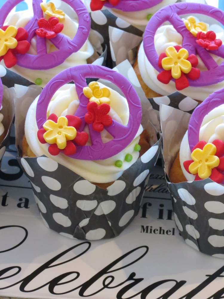 Peace Sign Cupcakes in purple, yellow & red