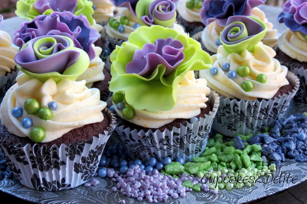 Green & Purple Ruffle Flower Cupcakes