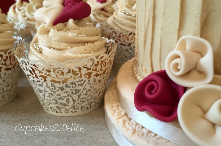 Cream & Burgundy Wedding Cake & Cupcakes
