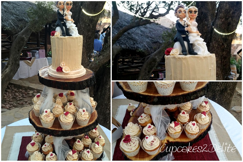 Cream & Burgundy Wedding Cake & Cupcakes